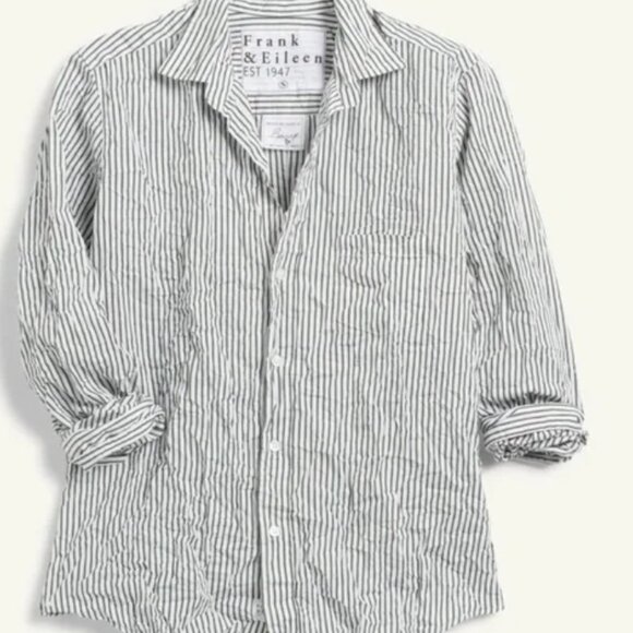 Frank & Eileen Barry Signature Crinkle Button Up Shirt 100% linen pinstripe, S - Picture 1 of 5